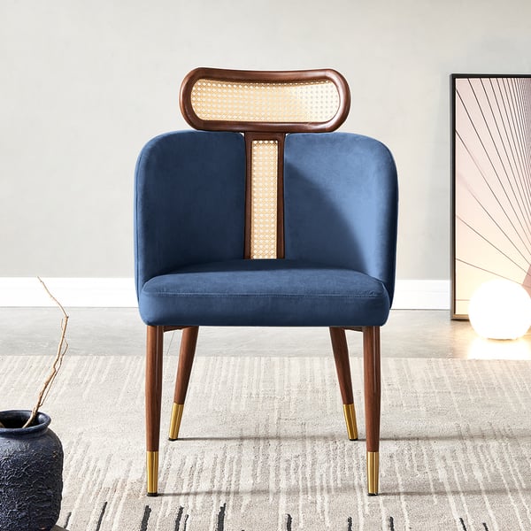 Modern Blue Velvet Dining Chair Curved Back Rattan Dining Room Chairs