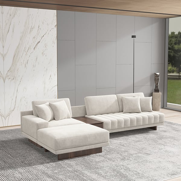 126" L-Shaped White Modular Sectional Sofa Channel Tufted Chaise with Ottoman & Storage