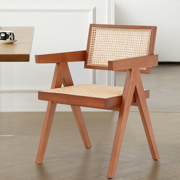 Walnut Japandi Rattan Dining Chair with Solid Wood Frame-Homary