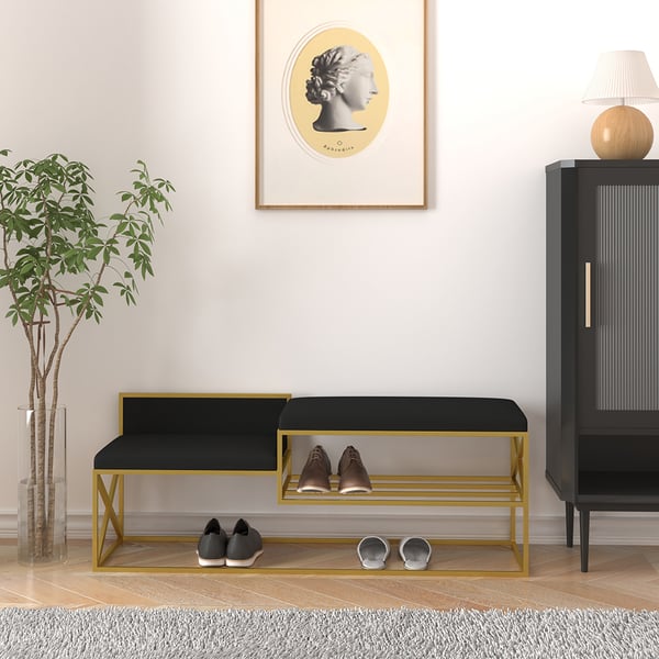 Modern PU Leather Upholstered Hallway Bench Black with Gold LegsHomary