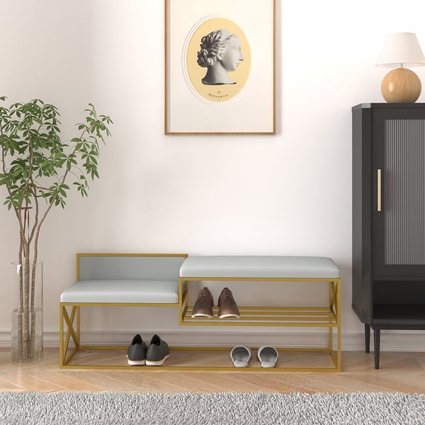 Modern PU Leather Upholstered Entryway Bench Gray with Gold LegsHomary