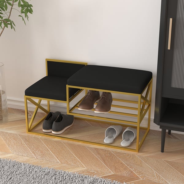 Modern PU Leather Upholstered Entryway Bench Black with Gold Legs Homary