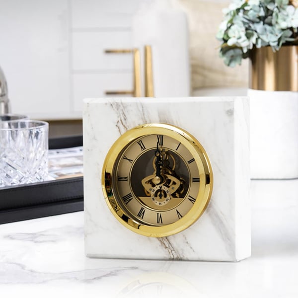 Modern White & Gold Square Mantel & Table Top Clock Decor with Marble