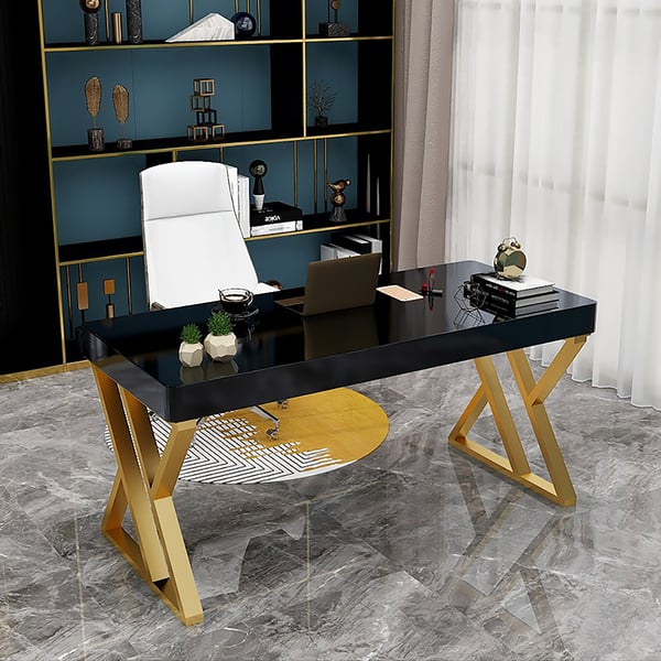 Modern Black and Gold Rectangular Writing Desk in MDF & Metal Home Office Desk Homary UK