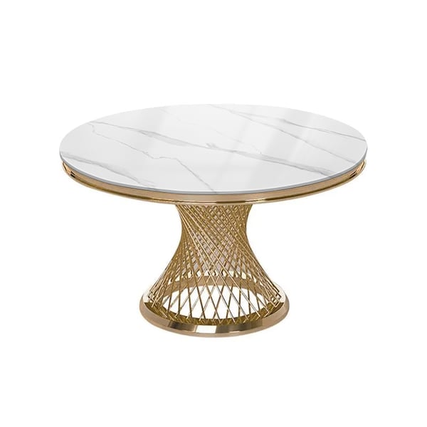 Mesa de comedor redonda moderna de 1300 mm de piedra sinterizada con pedestal de acero inoxidable dorado