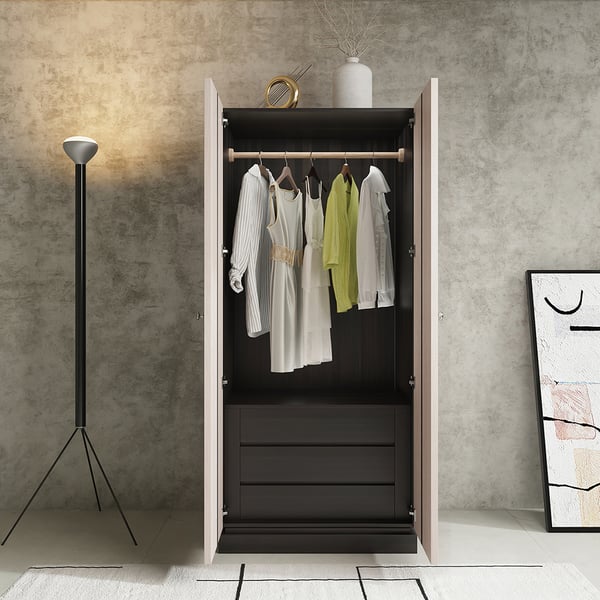 Japandi Washed White Wardrobe Closet Oak Veneer Armoire with 3 Drawers & Graphical Doors