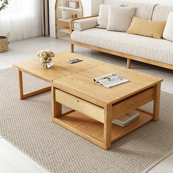 Japandi Wooden Folding Coffee Table Set Dining Table Rattan Nesting
