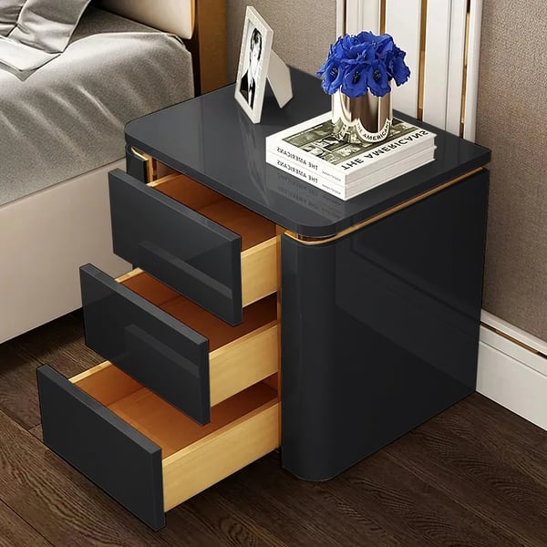 Modern Luxury Black & Gold 3 Drawers Bedroom Nightstand Square Bedside Table