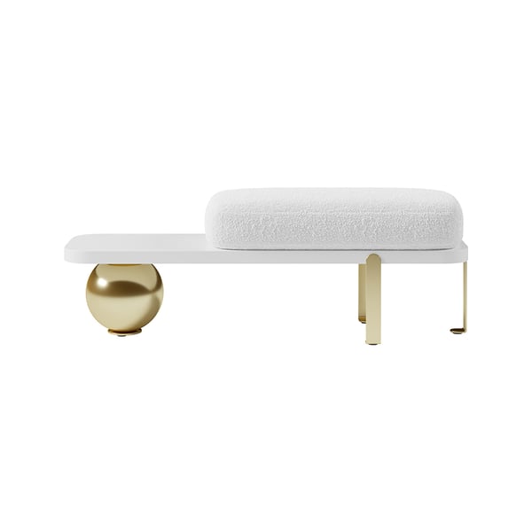Free Shipping on White & Gold Wooden Entryway Bench Boucle Upholstered with Abstract Metal Legs