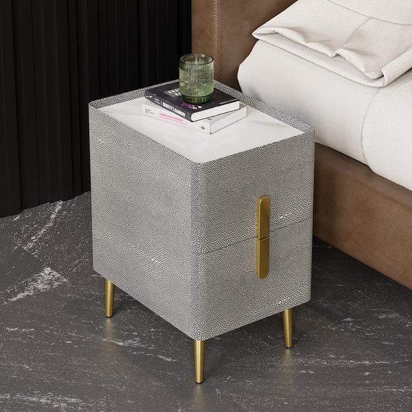 Inarrow Modern Gray Shagreen Nightstand Bedside Table with 2 Drawers in
