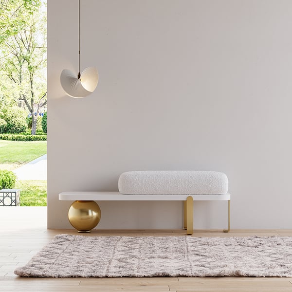White & Gold Wooden Entryway Bench Boucle Upholstered with Abstract