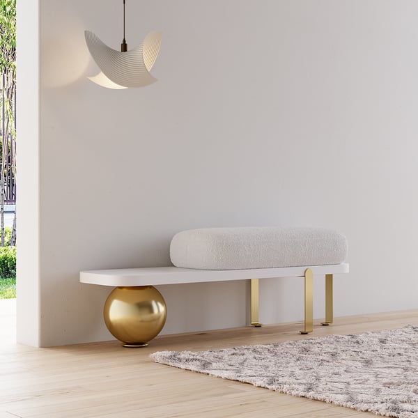White & Gold Wooden Entryway Bench Boucle Upholstered with Abstract