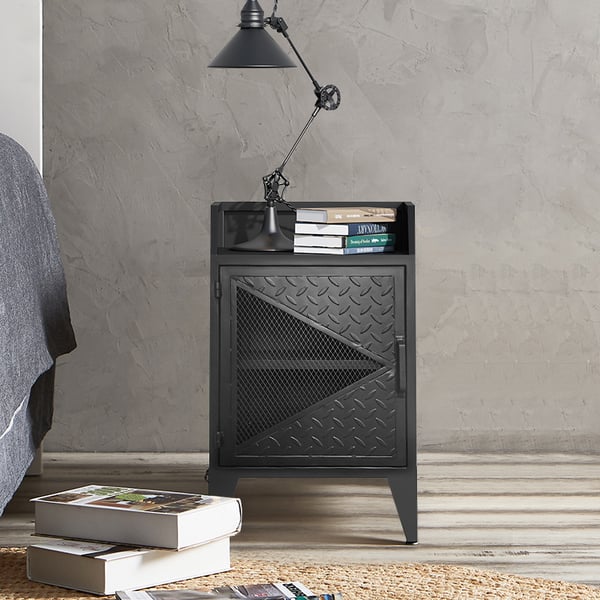 Industrial Black Metal Nightstand with Storage Bedside Table with Door