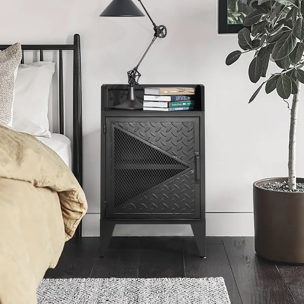Industrial Black Metal Nightstand with Storage Bedside Table with Door