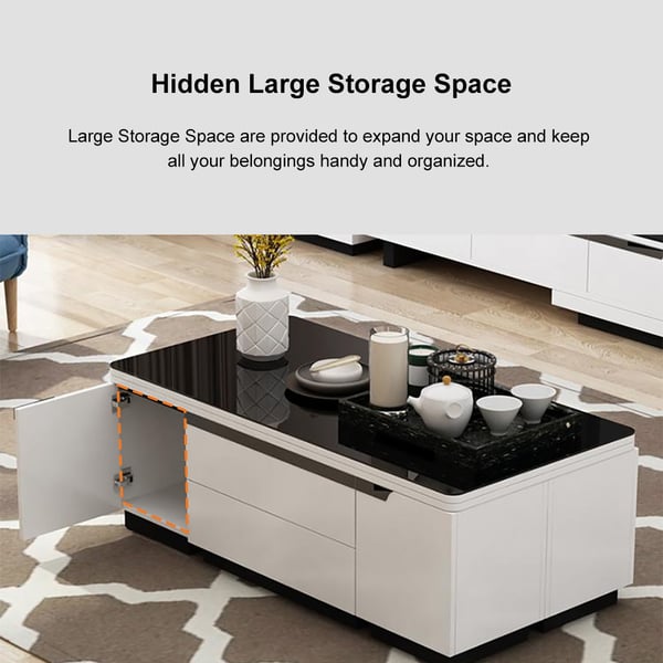 Modern White Lift Top Glass Coffee Table with Drawers & Storage