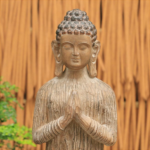 Outdoor Garden Standing Pray Buddha Statue Patio Distressed Brown Resin Sculpture Decor Homary