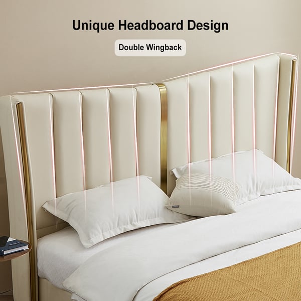 Modern Beige King Size Bed Wingback Headboard Leather Upholstery & Gold
