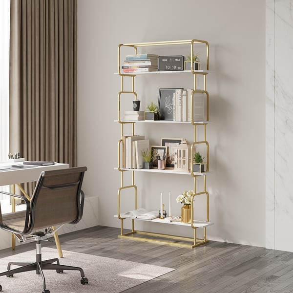 1800mm Modern White Tall Freestanding Wooden Office 4 Shelves Etagere Bookcase in Gold 