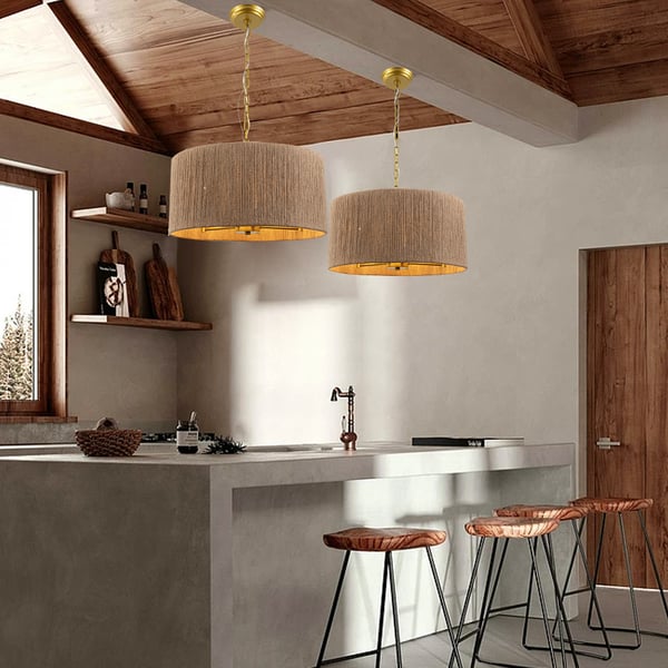 Coastal 5Light Woven Drum Chandelier Rope Pendant Lights with Gold