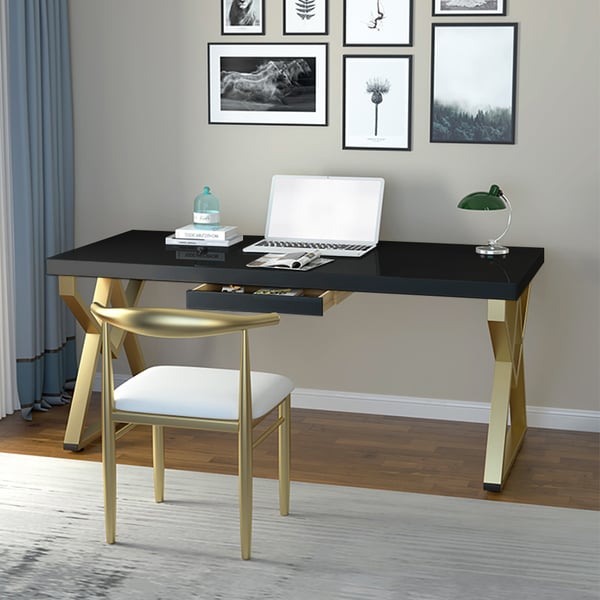 47" Modern Rectangular Black Writing Desk Metal Base Wooden Home Office Desk with Drawer