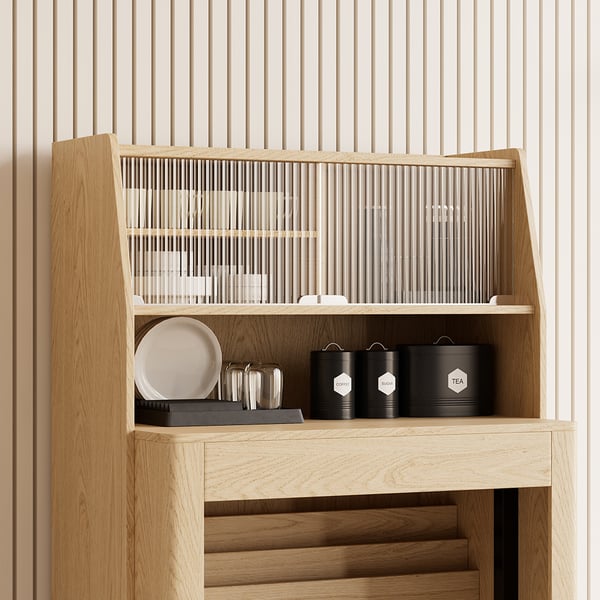 Modern Extendable Dining Table with Storage Rectangle Sideboard Glass Door Natural&GrayHomary