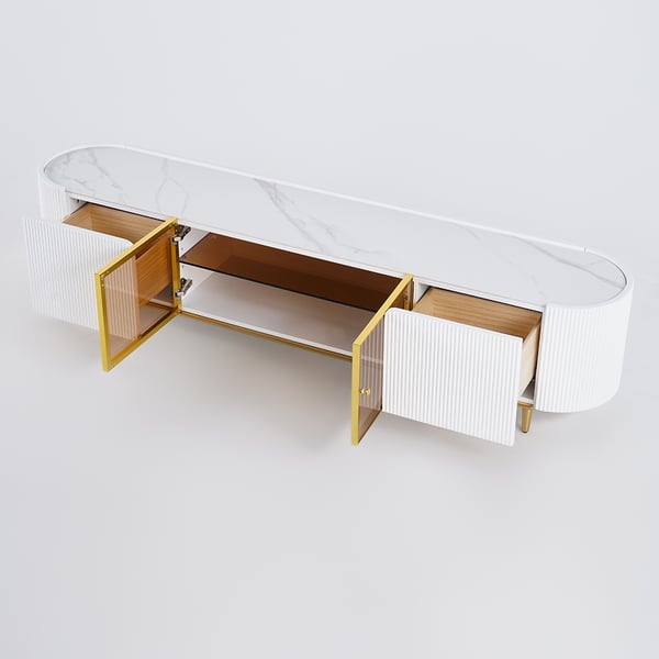 Palley Modern Oval TV Stand with Storage & Glass Doors in White for TV