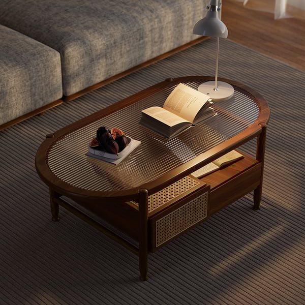 Free Shipping on Nature Wood Glass Coffee Tables Rattan Leisure with 4 Drawers｜Homary