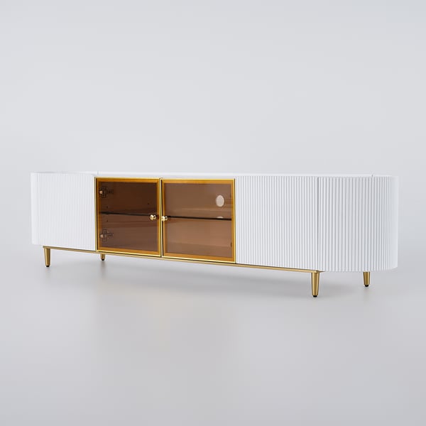 Palley Modern Oval TV Stand with Storage & Glass Doors in White for TV