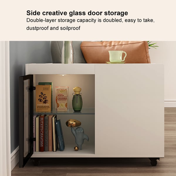 Narrow Side Table Skinny End Table with Wheels 2 Drawer Glass Door