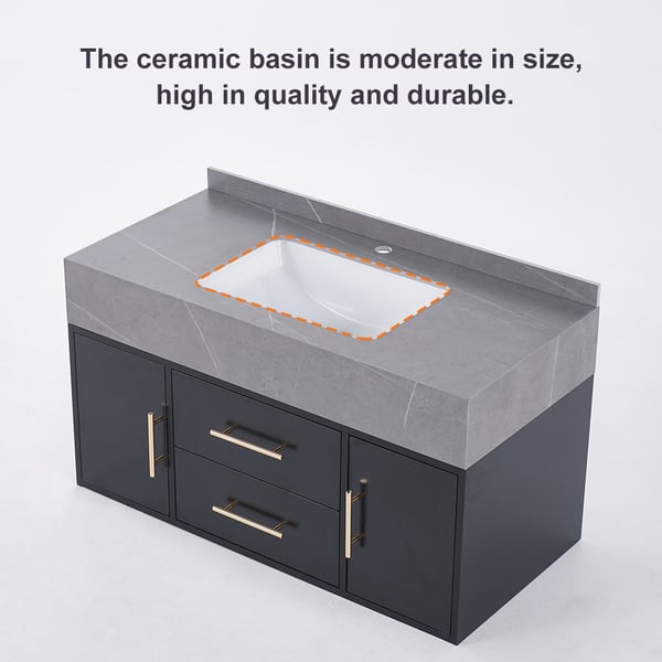 Free Shipping on Modern 39" Floating Black Bathroom Vanity Stone Top