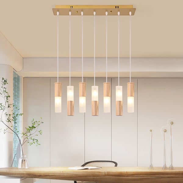 Lampe à suspension en bois à 7 lumières pour îlot de cuisine, tube LED ...