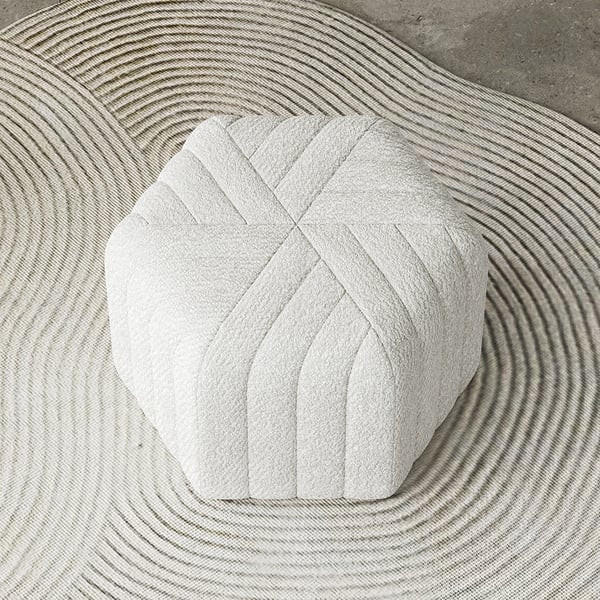 18.5" Wide White Boucle Pouf Ottoman Hexagonal Footrest Stool