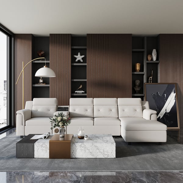 134.6" White Power Reclining Sectional Sofa Pull Out Bed Cup Holder