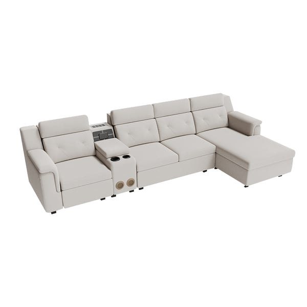 134.6" White Power Reclining Sectional Sofa Pull Out Bed Cup Holder