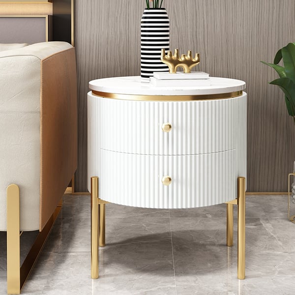 Yelly Modern Round End Table With Storage Drawers White Faux Marble