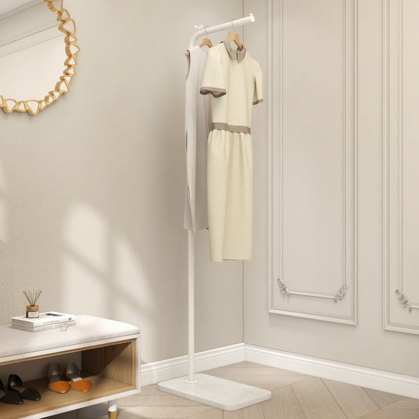 Modern White Corner Clothing Garment Stand with Marble Base