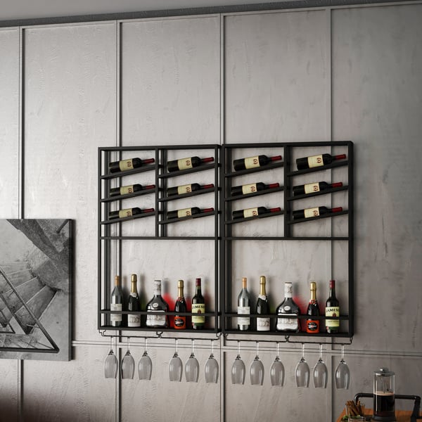 Industrial Wall Mounted Wine Rack with Bottle Rack -Black