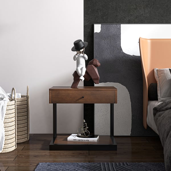 Rustic Walnut Bedroom Nightstand with Drawer with Shelf Bedside Table