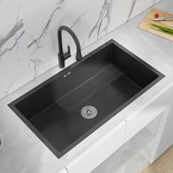 30'' Stainless Steel Kitchen Sink Rectangular Single Bowl in Black | Homary