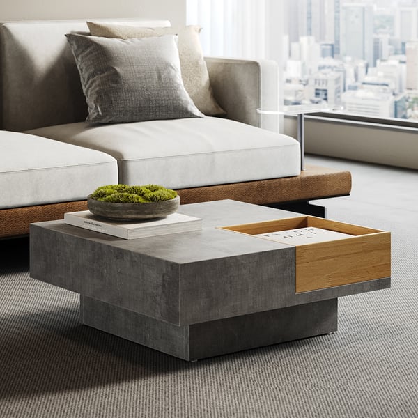 27.6" Japandi Wooden Square Coffee Table with Open Storage Concrete Gray & Natural | Homary