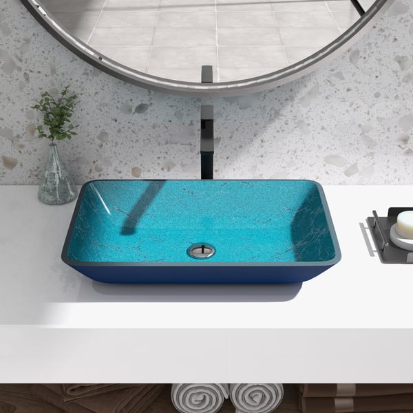 Modern Greenish-Blue Rectangular Vessel Tempered Glass Bathroom Wash Basin