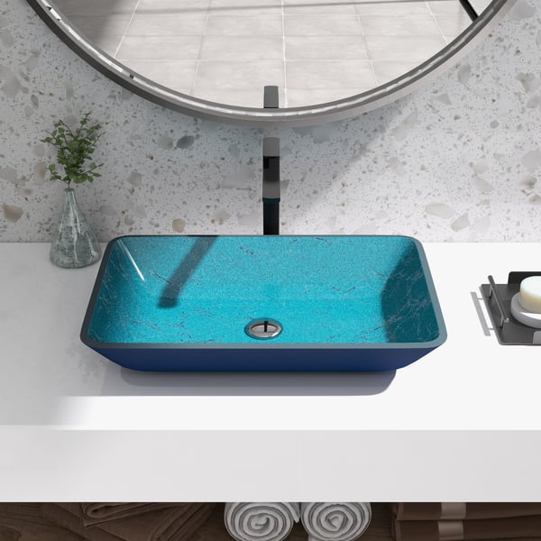 Lavabo de salle de bain en verre trempé rectangulaire bleu verdâtre moderne