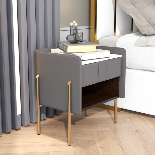 Table De Chevet étroite En Cuir Avec 3 Tiroirs - Dessus Pierre Frittée, Design élégant Pour Chambre (blanc Cassé)