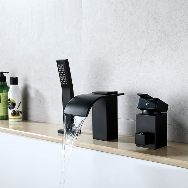 Modern Deck Mounted Waterfall Black Roman Tub Faucet & Hand Shower | Homary