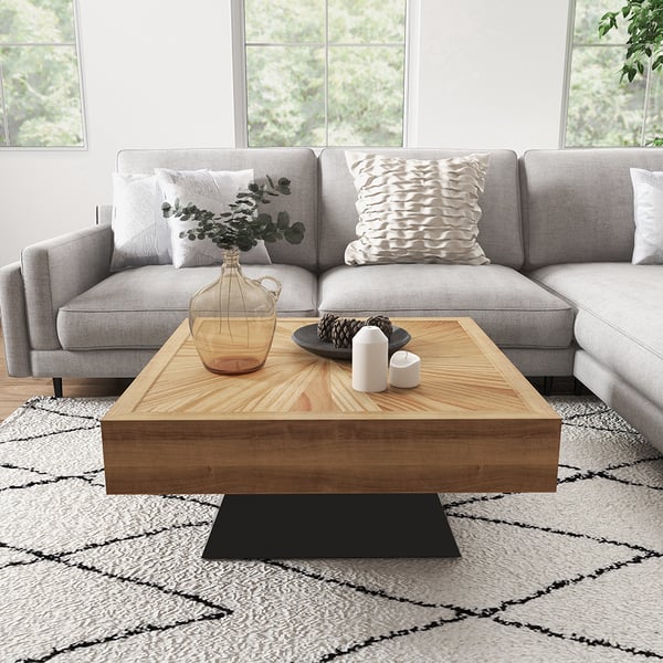 Japandi Square Coffee Table with Wooden Top Black & Natural Homary