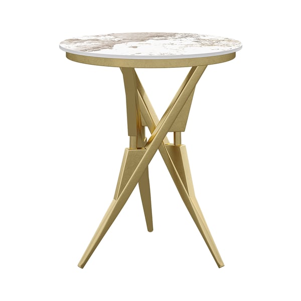 Modern White & Gold Round Side Table with Sintered Stone Tabletop End