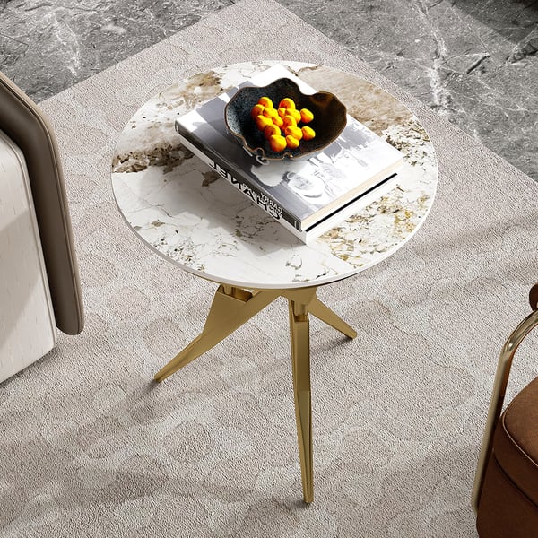 Modern White & Gold Round Side Table with Sintered Stone Tabletop End
