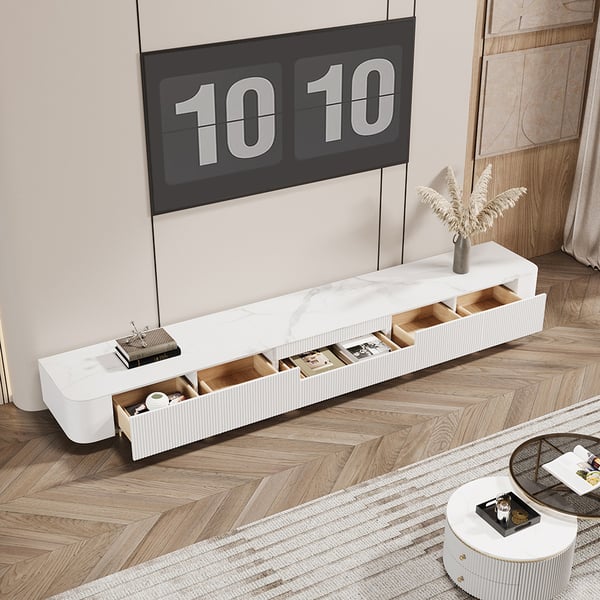 94.5" White Wood Fluted Low TV Stand for Projector with 5 Drawer Modern Stone Top Homary