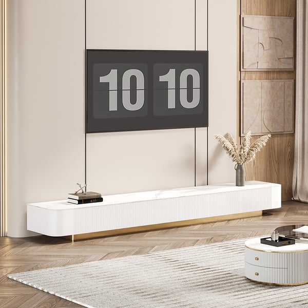 2400mm White Wood Fluted Low TV Stand for Projector with 5 Drawer Modern Stone Top Homary UK