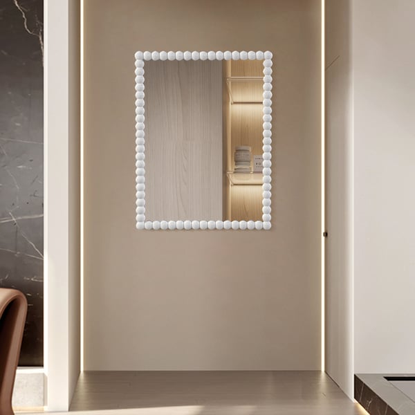 600mm x 800mm Large White Rectangle Wall Mirror with Beaded Frame Decor